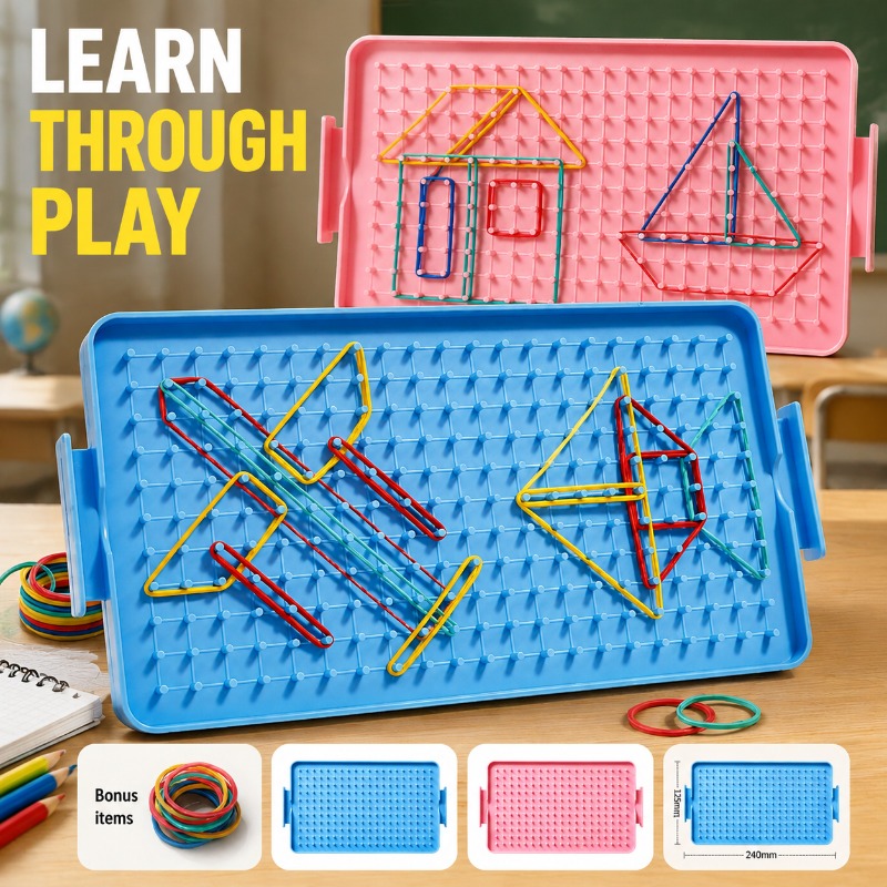 Math Manipulative Set - ชุดอุปกรณ์ช่วยสอนคณิตศาสตร์แบบจีโอบอร์ดสำหรับนักเรียนระดับประถมศึกษา ประกอบด้วยกระดานเรียนรู้เรขาคณิตแบบสองด้าน พร้อมยางรัด และใช้เป็นสื่อการสอน