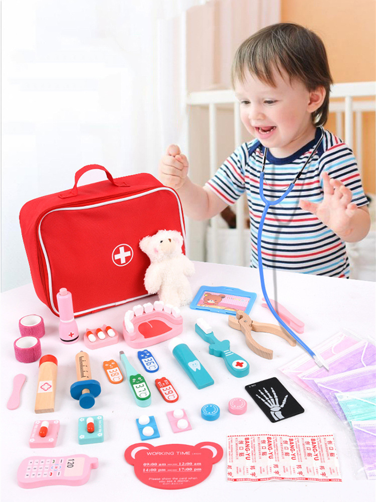 Kids Doctor Education - ชุดของเล่นบทบาทสมมติคุณหมอ ของเล่นไม้จำลองหมอฟัน ชุดตรวจสุขภาพ แปรงฟัน ยา ของเล่นเสริมพัฒนาการสำหรับเด็ก