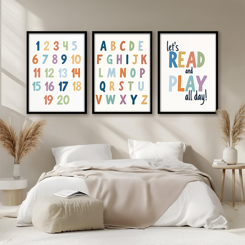 Kids Education Quote - ชุดภาพวาดผ้าใบตัวอักษรและตัวเลขสีรุ้ง ABC สำหรับตกแต่งผนัง โปสเตอร์คำพูดเพื่อการศึกษาและการเรียนรู้ ตกแต่งห้องเด็ก