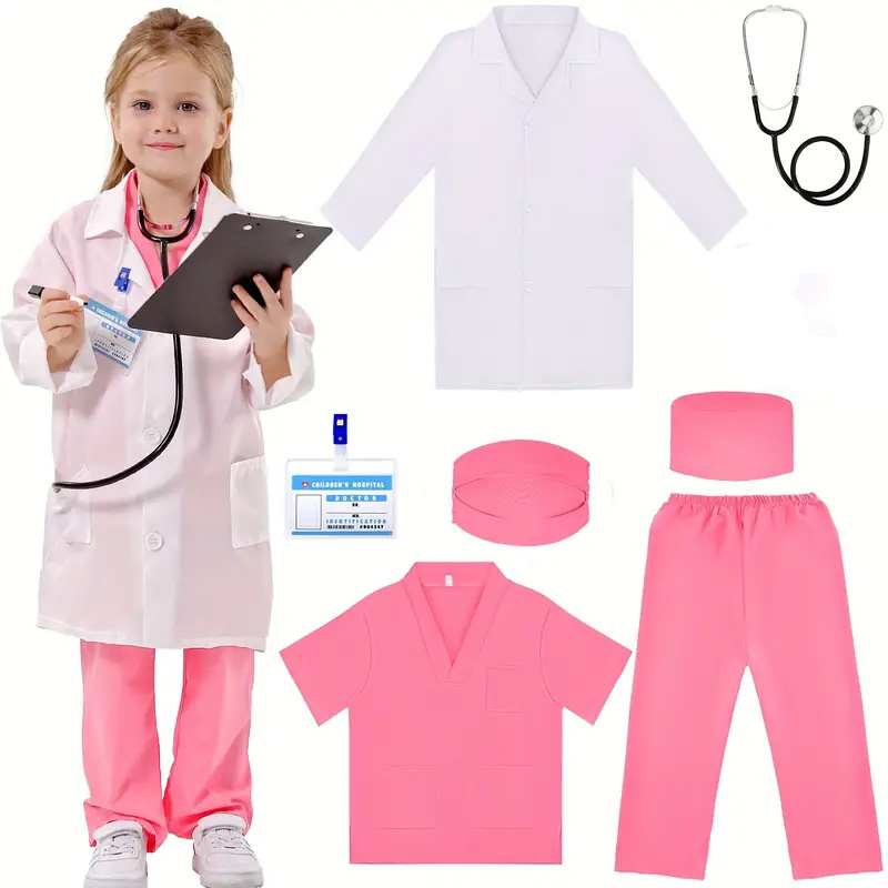 Kids Doctor Education - 7PCS เด็กหมอพยาบาลคอสเพลย์ชุดเด็กผู้หญิงสีขาว Lab Coat เครื่องแบบพร้อมอุปกรณ์เสริม Medical