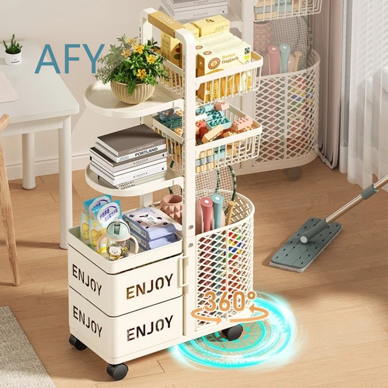 Montessori Shelf Toy - รถเข็นเก็บของเล่นเด็กแบบหลายชั้นสำหรับการเรียนรู้แบบมอนเตสซอรี่ พร้อมชั้นวางหนังสือ โต๊ะข้างโซฟา และช่องเก็บขนมแบบมีล้อ