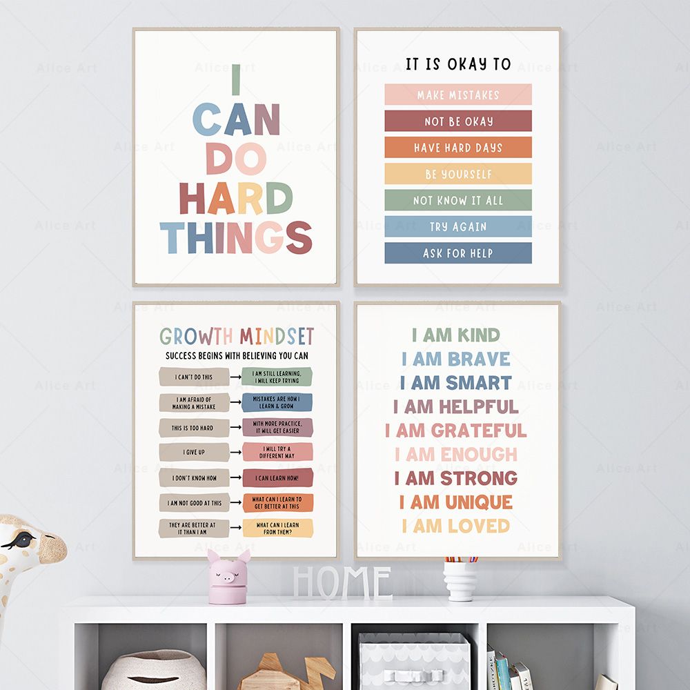 Kids Education Quote - คำยืนยันสำหรับห้องเด็ก โปสเตอร์แนวคิดการเติบโต คำคมเชิงบวก ภาพพิมพ์บนผ้าใบ ศิลปะตกแต่งผนังเพื่อการศึกษา ของตกแต่งบ้านสำหรับการเรียนที่บ้าน