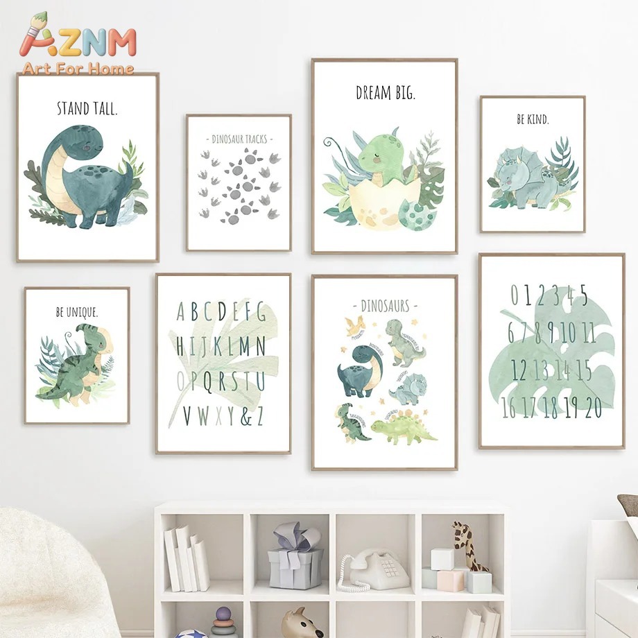 Kids Education Quote - ภาพวาดสีน้ำไดโนเสาร์ ตัวอักษร ตัวเลข บนผ้าแคนวาส พร้อมคำพูดสร้างแรงบันดาลใจ สำหรับตกแต่งห้องนอนเด็ก