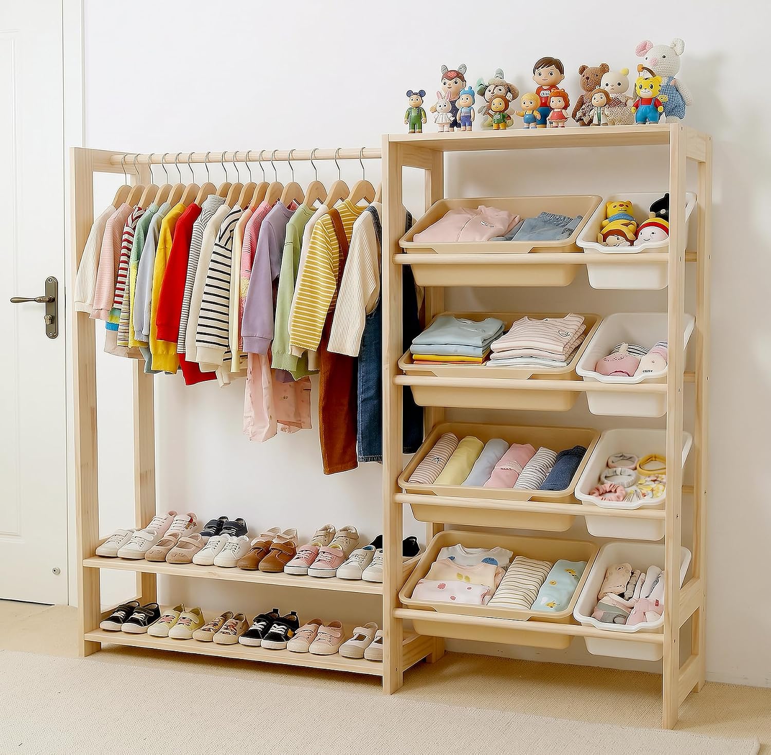 Montessori Shelf Toy - ตู้เสื้อผ้าและที่เก็บของเล่นสำหรับเด็กแบบมอนเตสซอรี่พร้อมกล่องเก็บของ, ราวแขวนเสื้อผ้าสำหรับเด็กเล็ก, ตู้เสื้อผ้าแบบเปิดพร้อมชั้นวางรองเท้าสำหรับห้องนอนและห้องเล่นของเด็ก, ทำจากไม้ธรรมชาติ