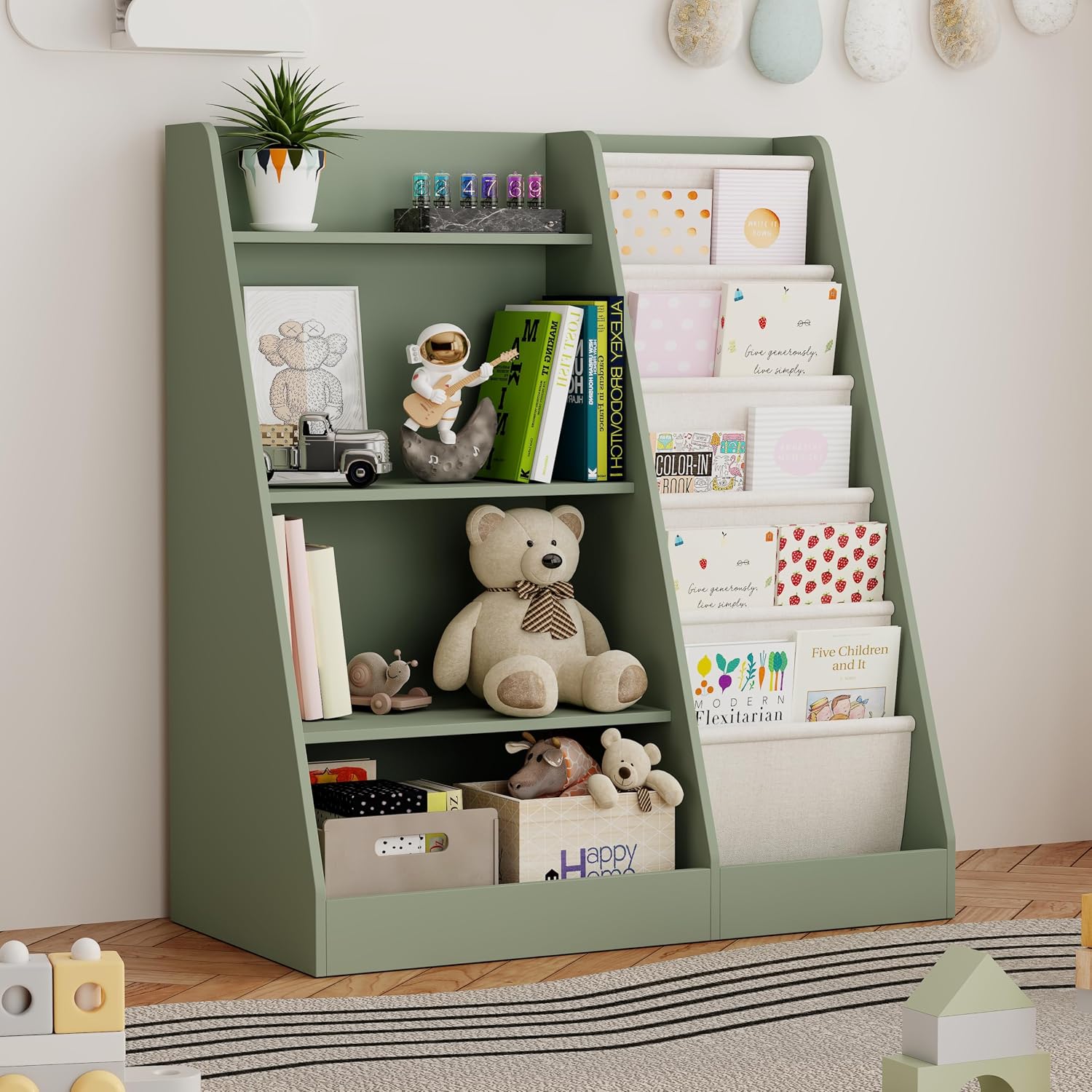 Montessori Shelf Toy - ชั้นวางหนังสือและที่เก็บของเล่นเด็ก 2-IN-1, ตู้ไม้เนื้อแข็ง 4 ชั้นพร้อมที่เก็บหนังสือแบบแขวนสำหรับเด็กเล็กและทารก, ชั้นวางหนังสือแบบมอนเตสซอรี่สำหรับห้องเด็ก,